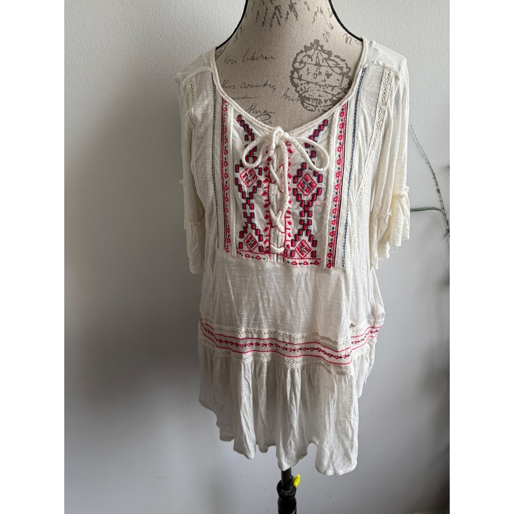 Free People Cream Embroidered Lace Up Tunic Top Bell Sleeve Boho - Picture 2 of 9
